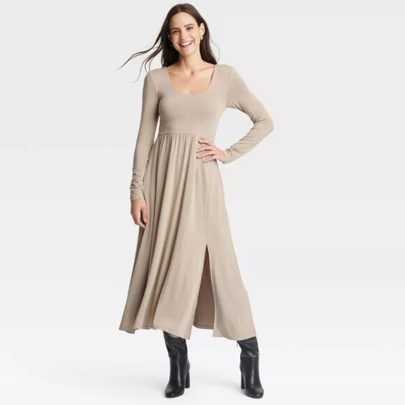 A New Day Women's Long Sleeve Knit Ballet Maxi Dress Tan Size Medium - Picture 1 of 6